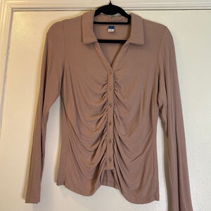 Women's Old Navy Ribbed Ruched Collared Shirt Tan Size L